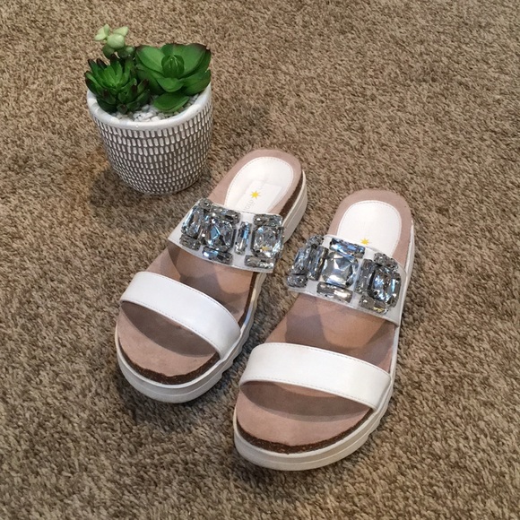 Seven Dials Shoes - Jeweled White Leather Slides